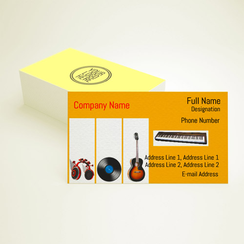 Simply crafted visiting card for music shop in plain white background with  the image of musical instruments kept in trolley.