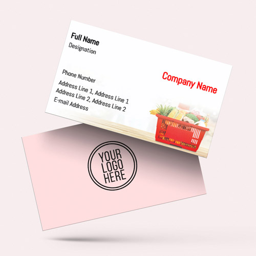Brightly designed visiting card for kirana shop with background and kitchen  items images. Get ready to put your details.